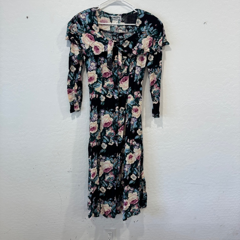 Vintage California Concepts Dress Women 11 Floral Pleated Ruffle Coquette Modest